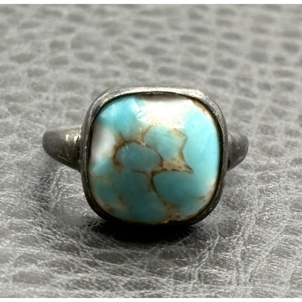 Vintage Uncas Oxidized Sterling Silver Faux Turquoise Blue Ring Ladies Sz 4.5